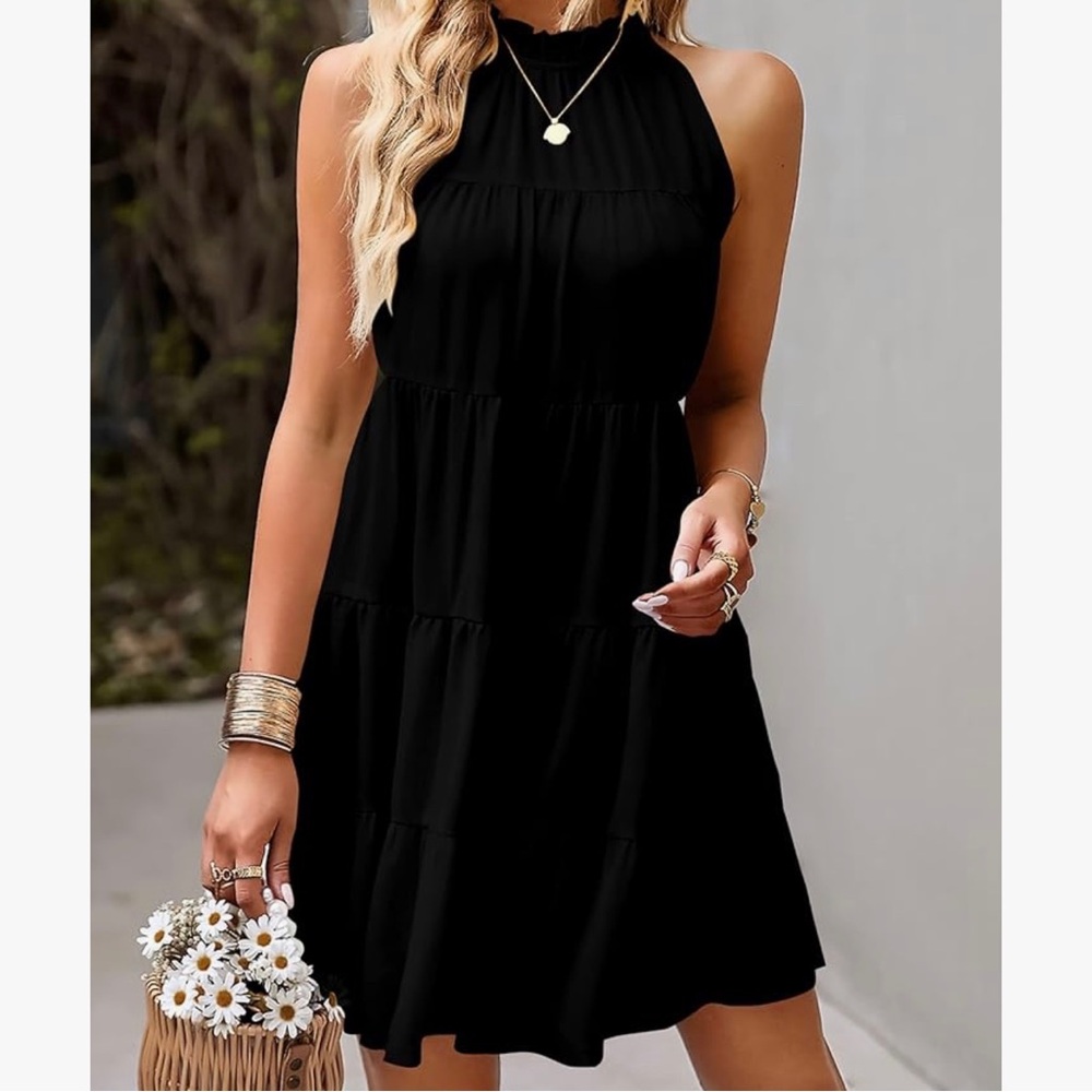 Black Halter pleated flowy sundress women’s large babydoll dress Kirundo